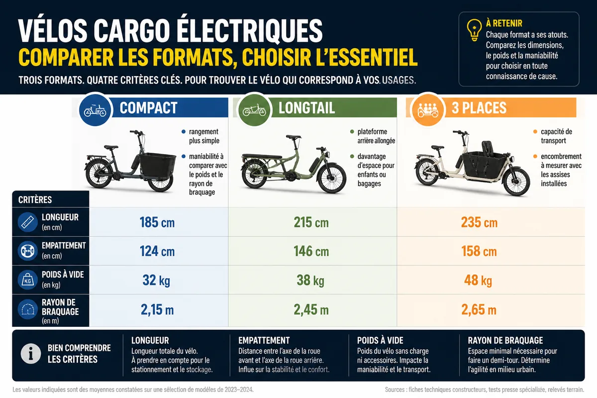 Infographie en français comparant le rangement et la maniabilité d’un vélo cargo électrique compact, d’un longtail et d’un modèle 3 places