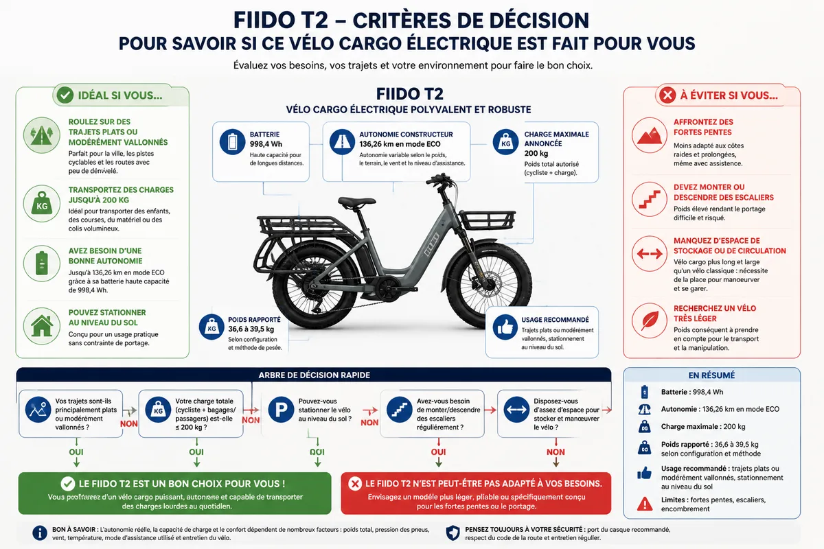 Schéma en français des critères d’usage du vélo cargo électrique Fiido T2 selon la charge, le relief et le rangement