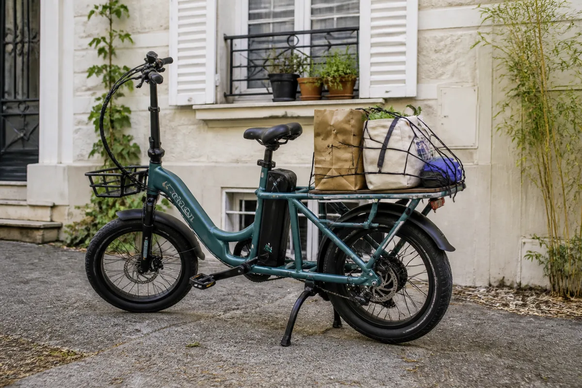 Photo réaliste d’un vélo cargo électrique Fiido T2 chargé de courses devant un logement