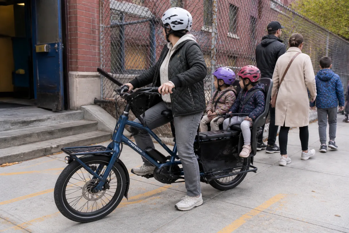Photo réaliste en français d’un vélo cargo électrique longtail chargé avec deux enfants devant une école, dans un environnement urbain